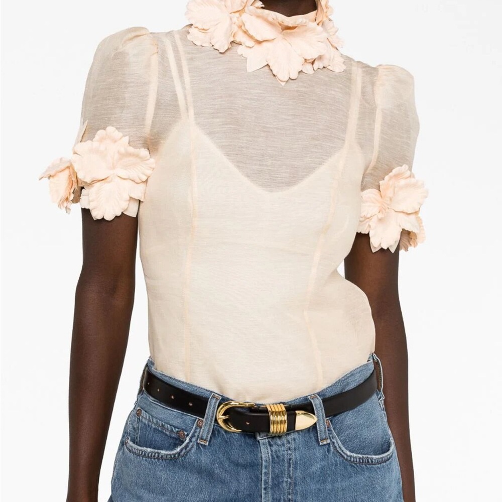 Zimmermann Sheer Floral-Appliqué Puff Sleeve  Top in Pale a peach/ beige